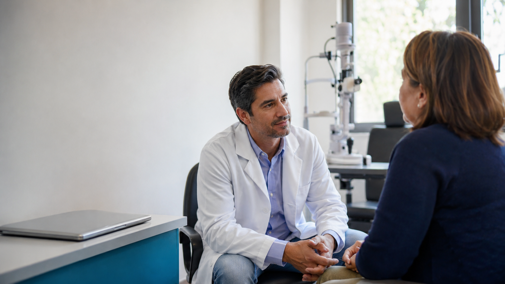 Oftalmólogo conversando con una paciente durante la consulta